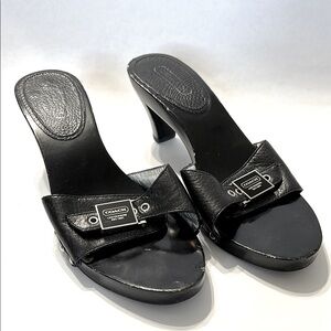 Coach Juliet Signature Leather Wood Slip On Heels Buckle Studs Women 7.5M Casual